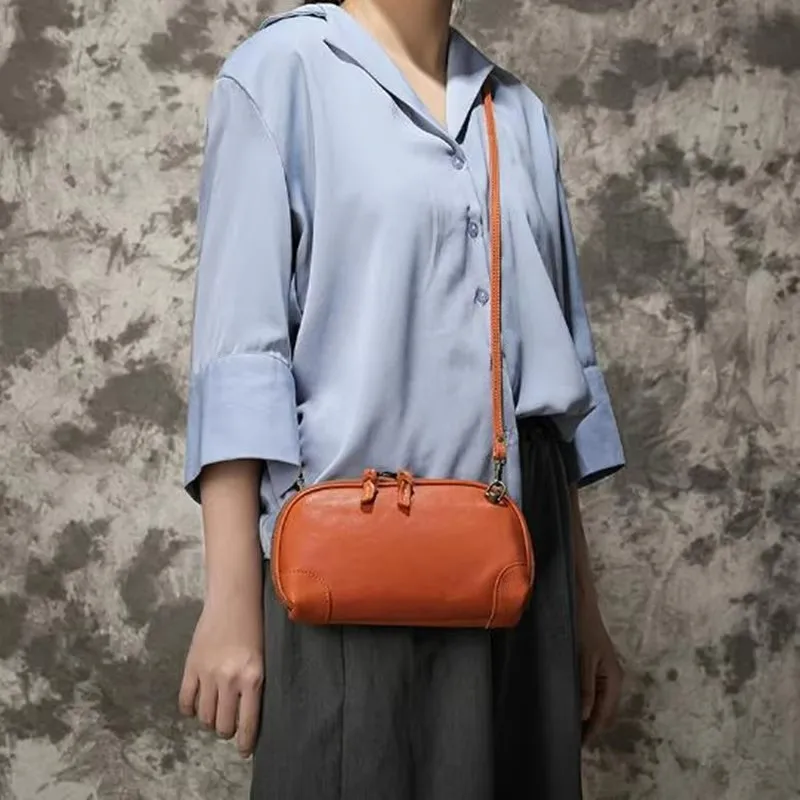 

Genuine Leather hand-held women's bag horizontal soft vegetable tanned leather small bag leather retro shoulder bag