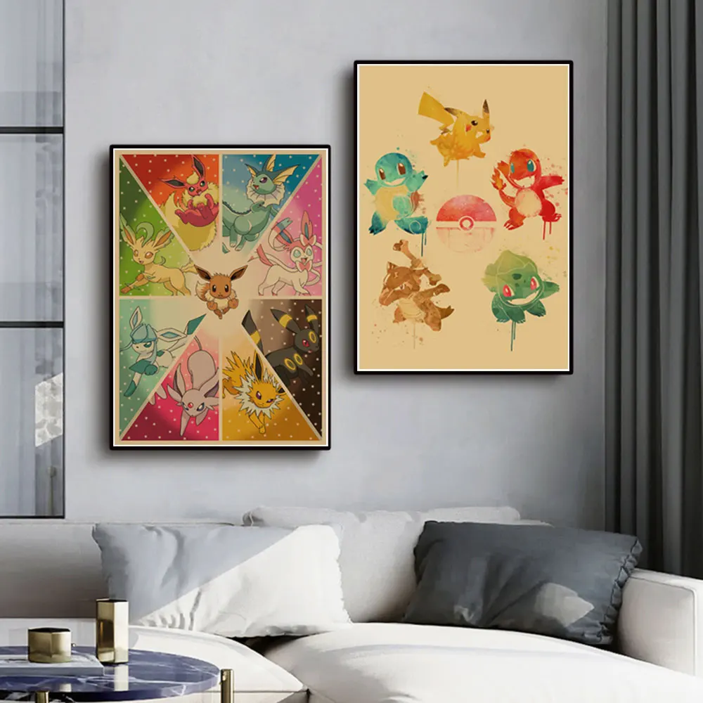 Anime Pokemon All the Characters Peripherals Posters Vintage Picture Art Wall Pikachu Eeveelutions Canvas Painting Gift for Kids
