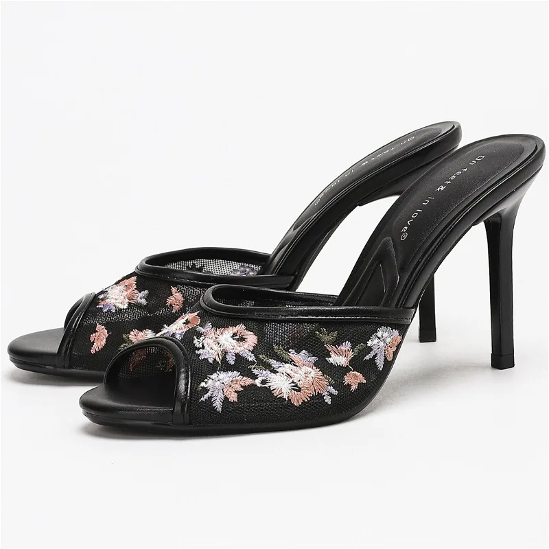 

Дизайнерские сандалии с вышивкой и сеткой, женские сабо с открытым носком, новинка 2026, модные вечерние платья, шлепанцы, брендовые женские тапочки на высоком каблуке