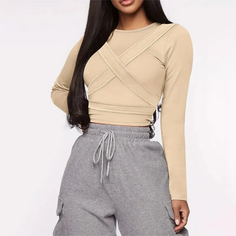 

Женская абрикосовая блузка с перекрестной повязкой, футболка с длинным рукавом, однотонная облегающая повседневная рубашка, женская базовая футболка, уличная одежда, укороченный топ