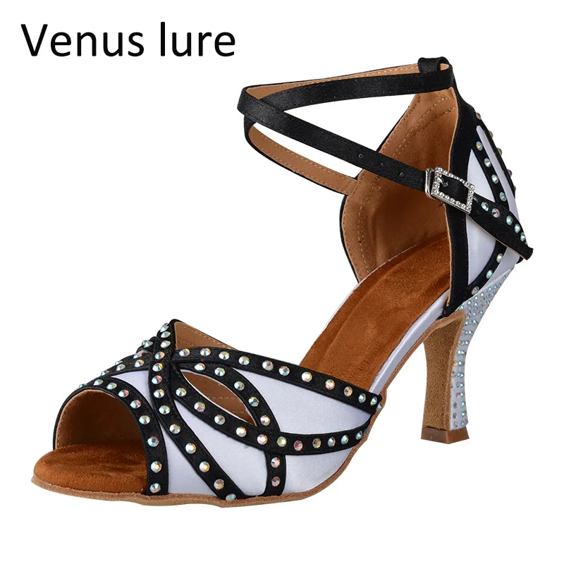 

Customized Venus Lure Jazz Dance Shoes Rhinestones Black and White Satin Dancing Sandals 8.3CM