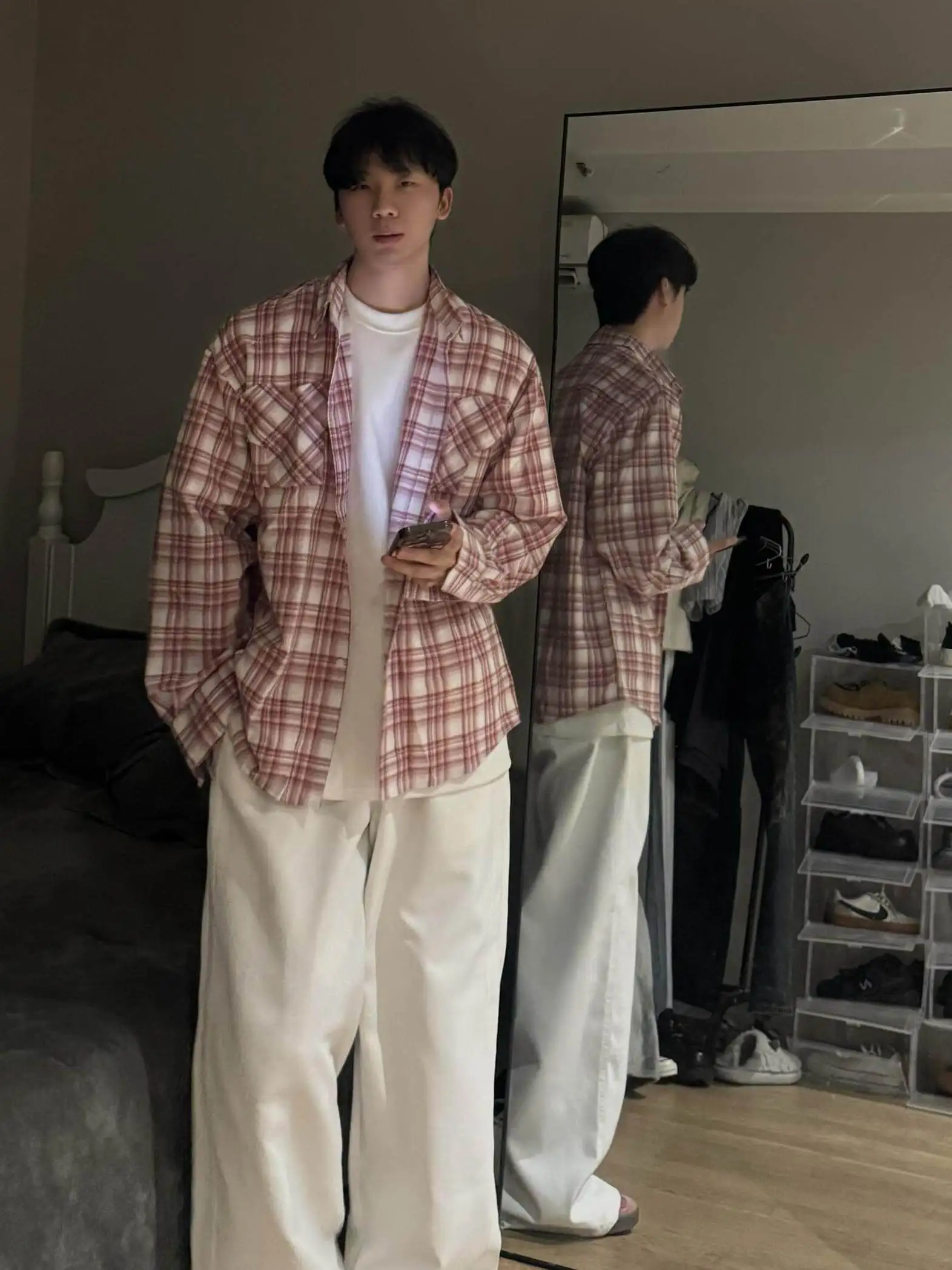 

American Retro Red Plaid Loose Casual Long Sve irt ex Summer Sun Protection Outerwear Youth Faion Autumn Season