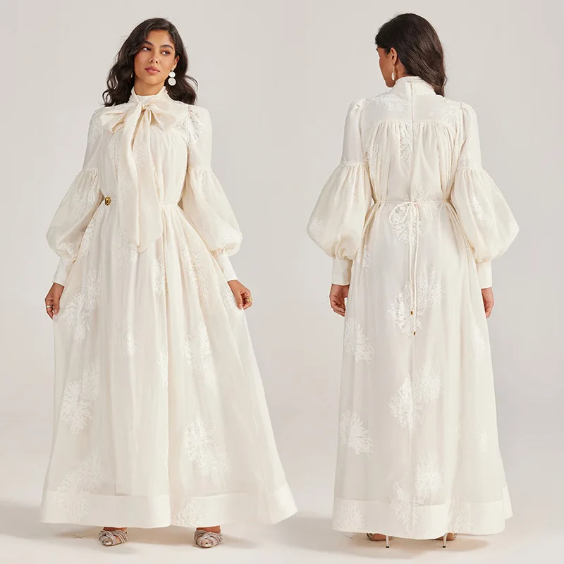 Francês sle bordado longo dr lanterna sve cintura alta thiened outono rua sle feminino faion alta quali costura