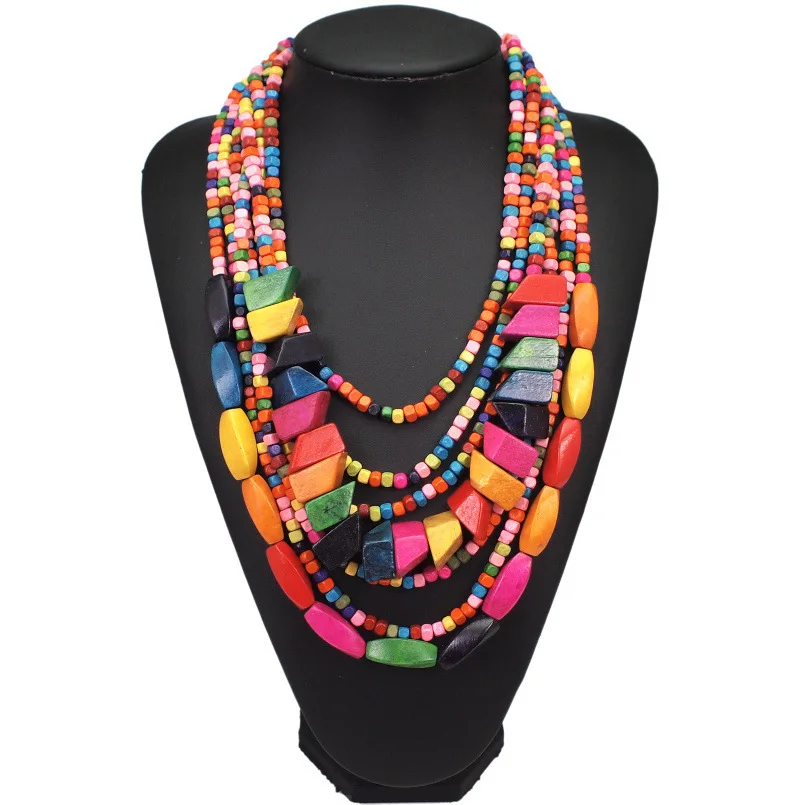 

Bohemian Multi-layer Wood Beaded Long Necklaces Women's Fashion Exaggerated Sweater Chain