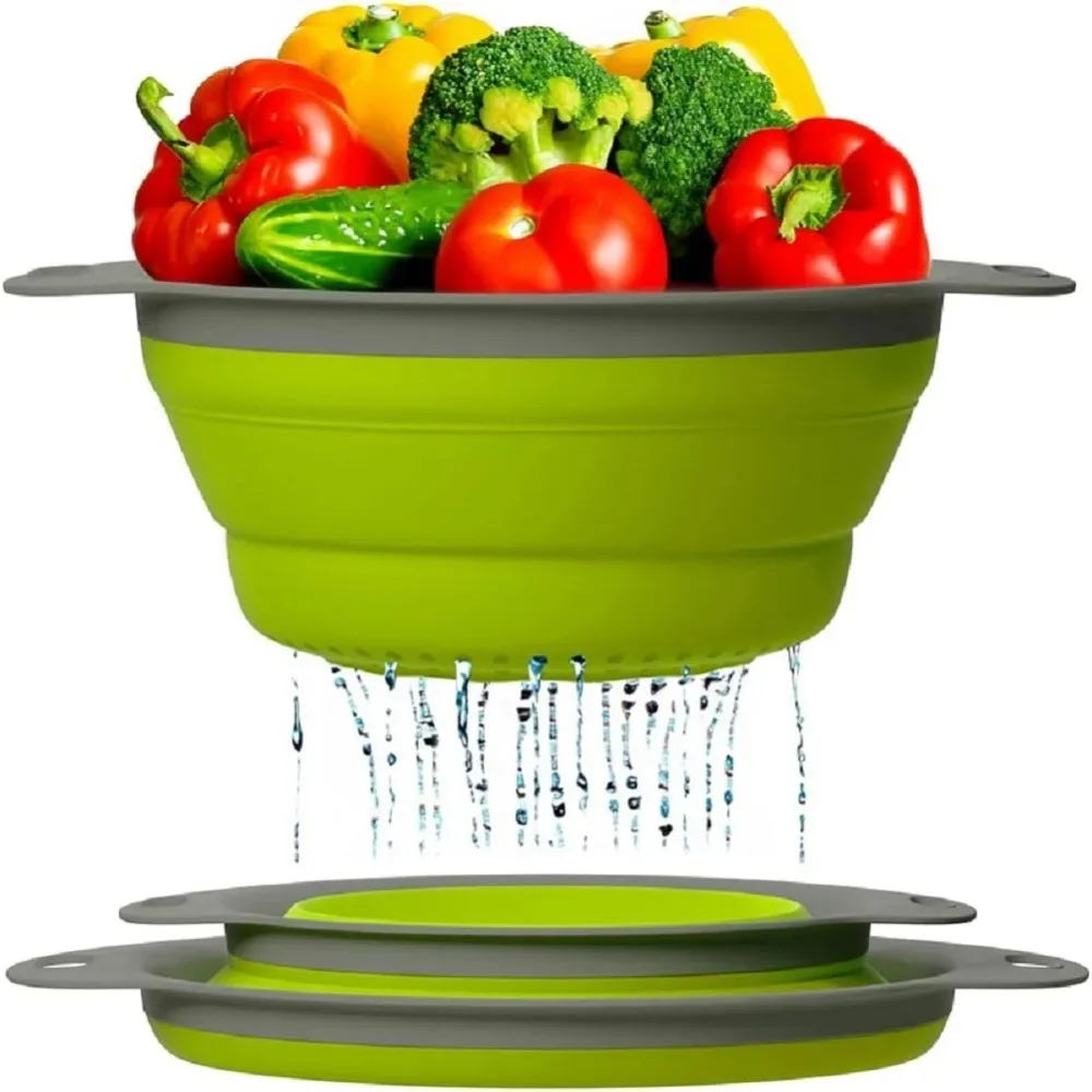 Foldable Vegetable Washing Drain Basket Silicone Round Folding Drain Basket Kitchen Tool Space Saving Water Filter Basket