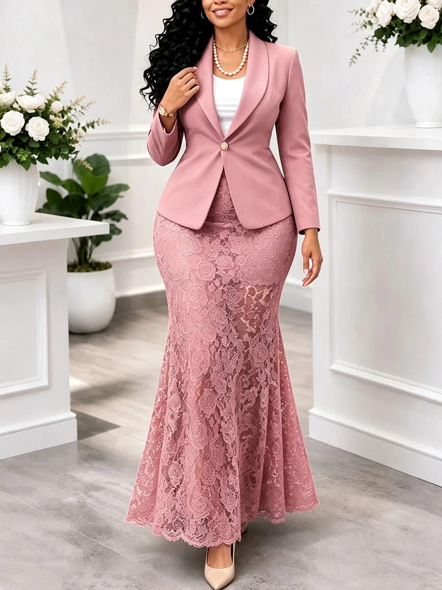 Women's Large Commuting Waist Cinched Suit Jacket And Lace Fishtail Skirt Two-Piece Set for Professional Occasions