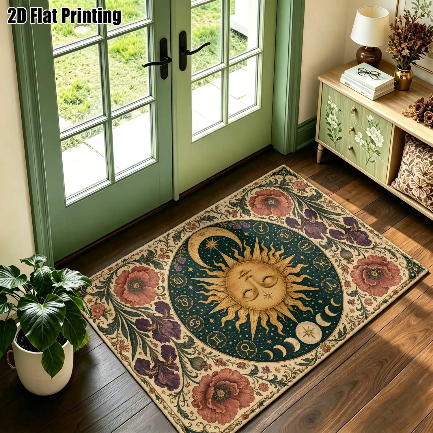 1Pc 2D Printed Carpet: Retro Sun&Moon Flower Patterns, European/Bohemian/Geometric Styles Machine Washable, Multi-Size, Ideal for Home Decor Such as Entryway/Dining Room/Foyer/Bedroom/Living Room.