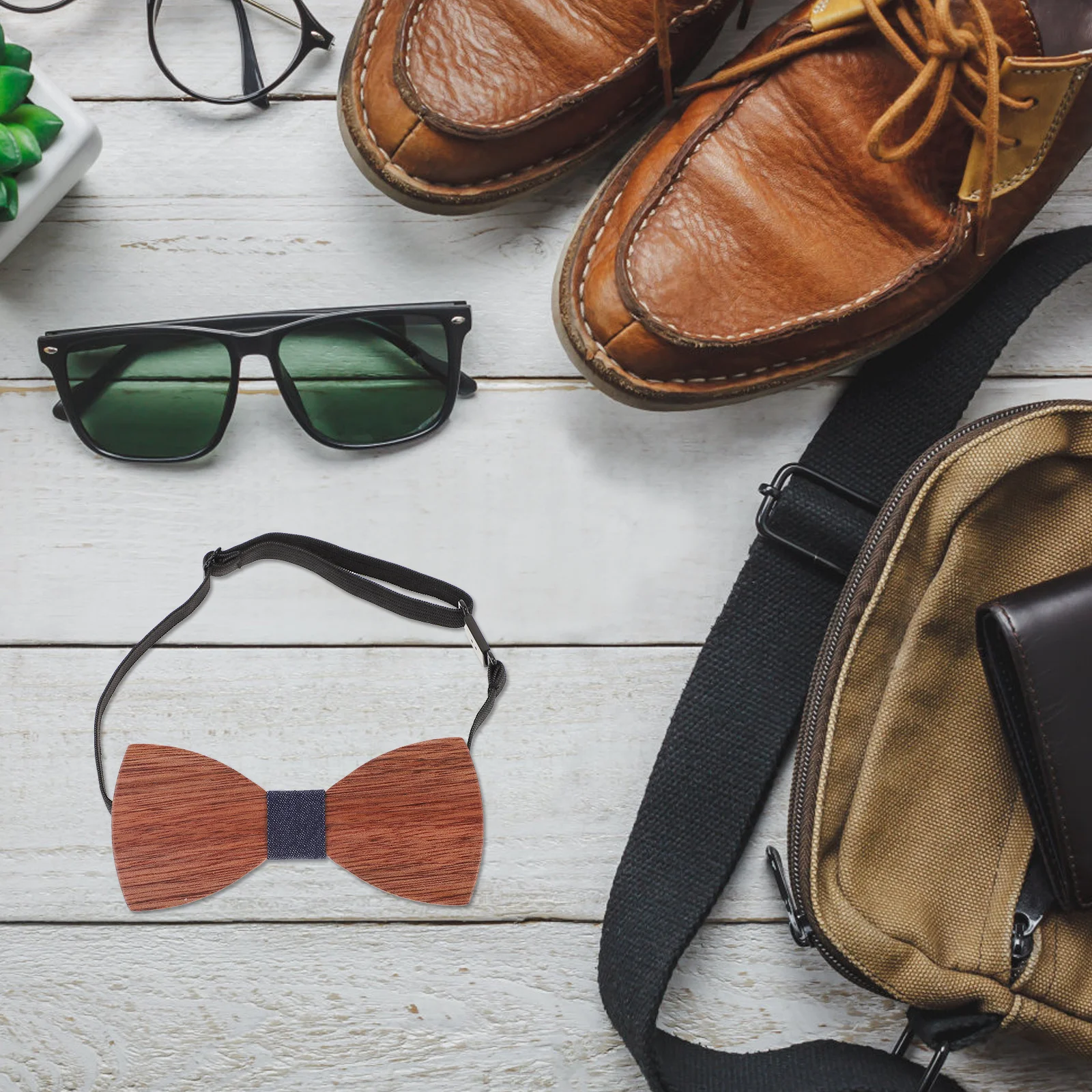 

1Pcs Wooden Bowtie Handmade Durable Elastic Strap Adjustable Comfortable One Size Fits All Men Wedding Wooden Bow Tie