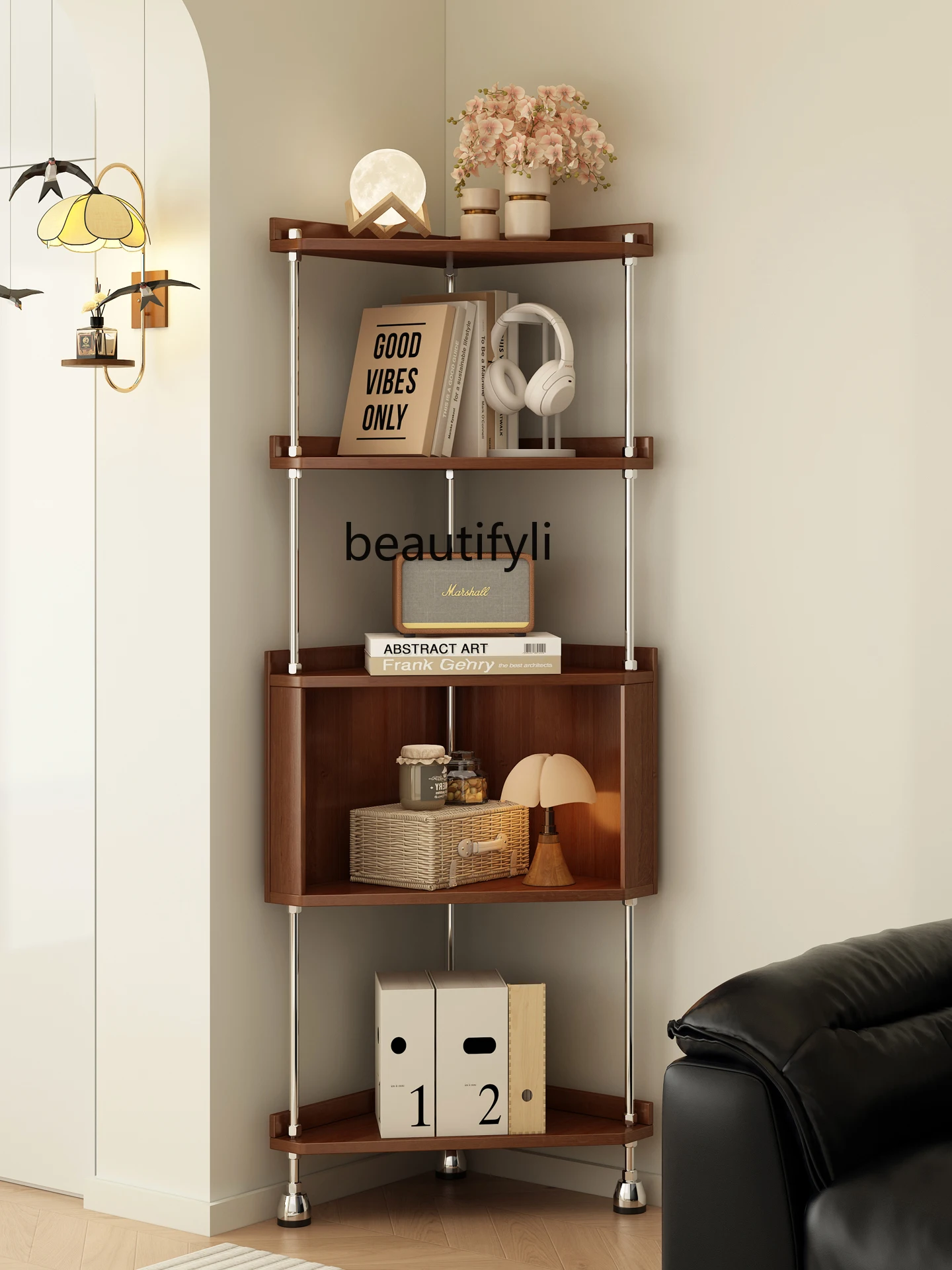 

Solid wood corner rack Living room stainless steel triangular display cabinet Multifunctional, bedroom book, corner rack