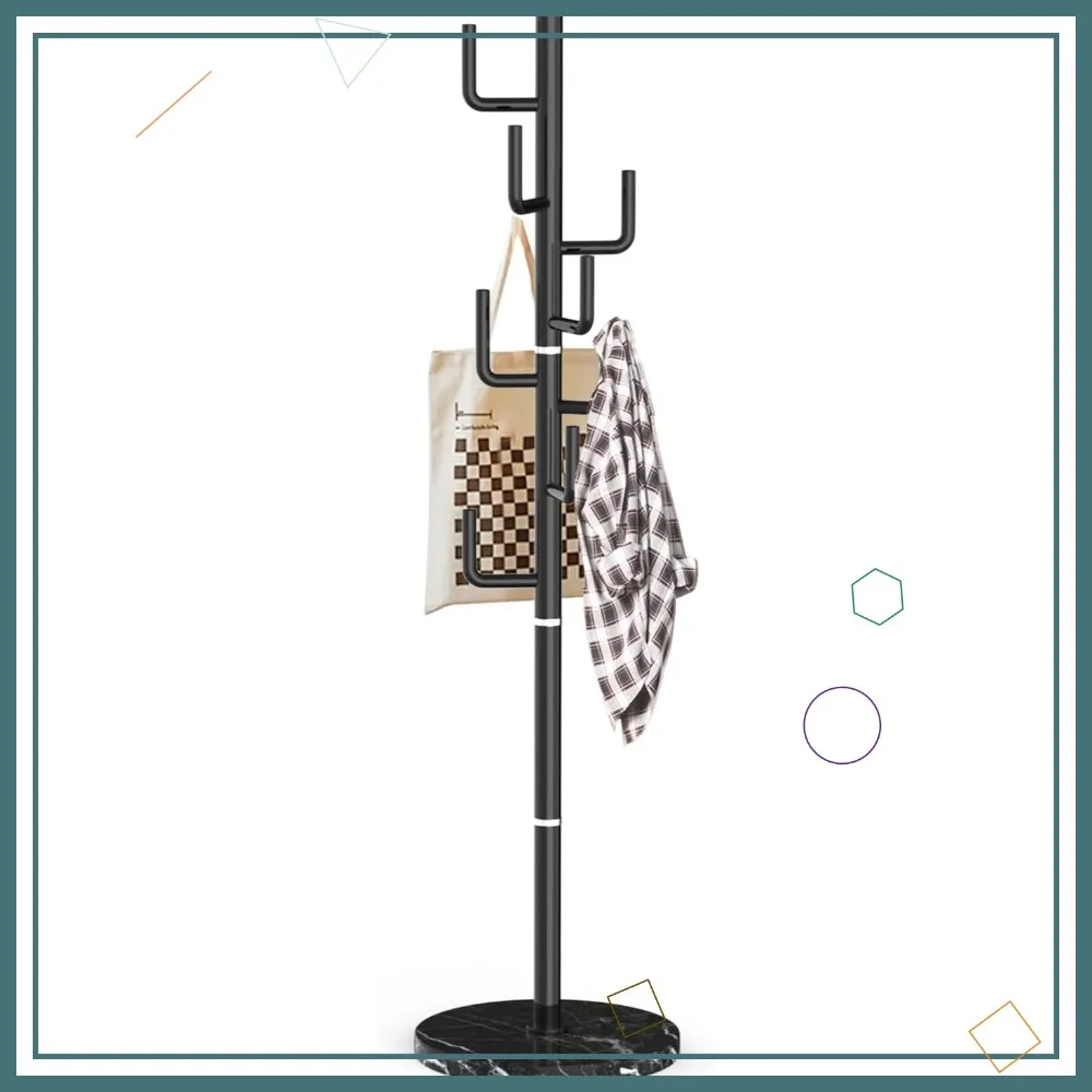 

Modern Freestanding Coat Rack with Marble Base and 8 Hooks for Entryway, Office, Black Cactus Design