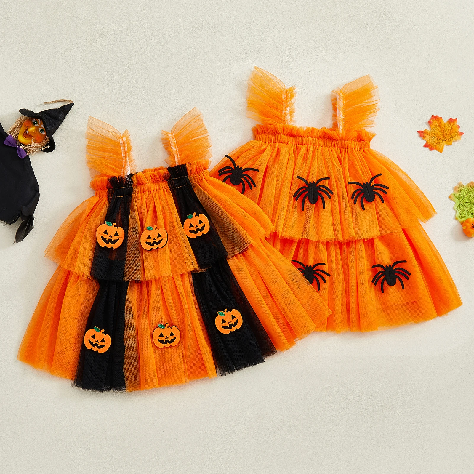

Toddler Girls Halloween Tulle Dress Casual Pumpkin Spider Patch Layered A-Line Dress for Beach Party Cute Clothes