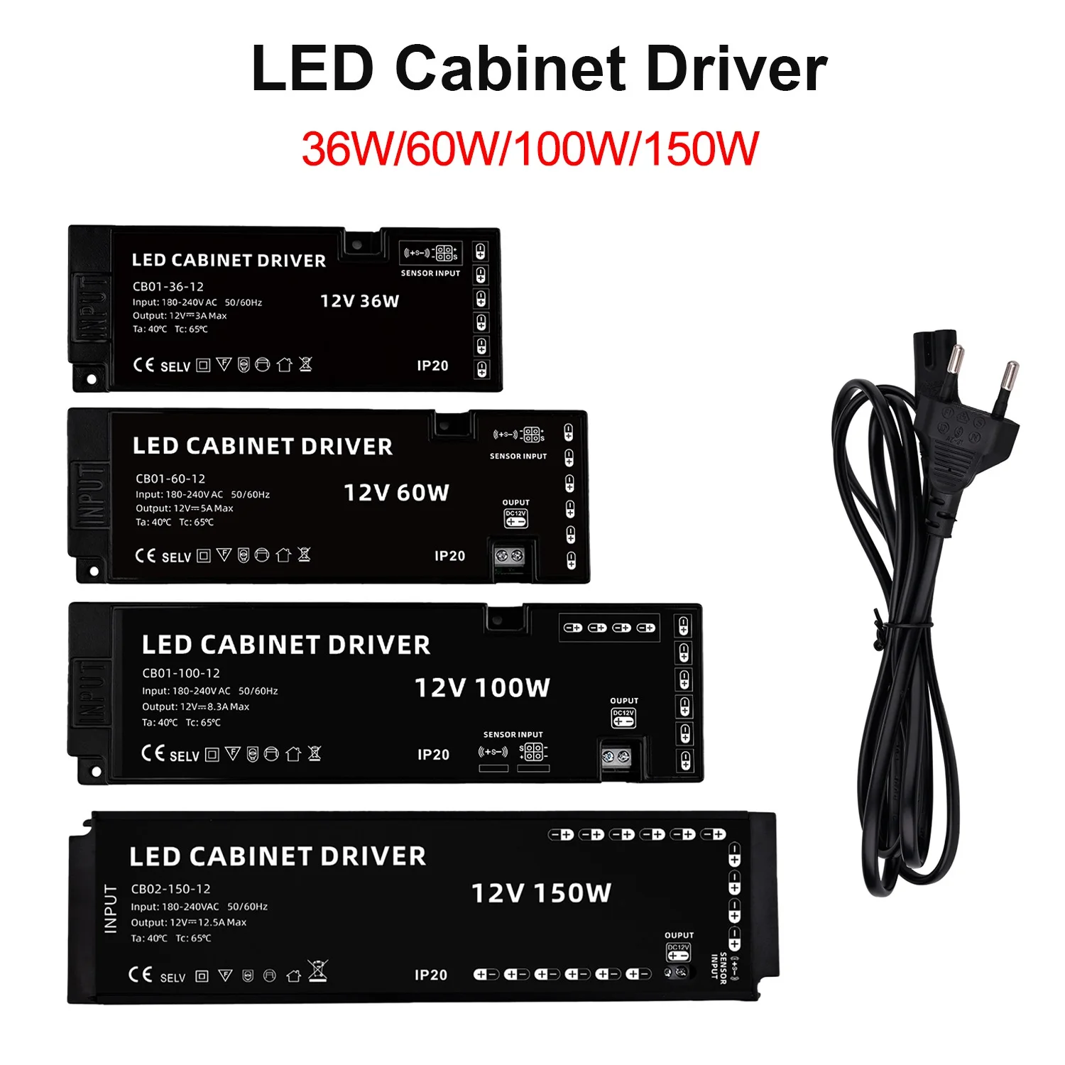 LED Lighting Transformer Cabinet Light Driver 36W 60W 100W 150W Power Supply Dupont Port for LED Strip Closet Shelf Light DC12V