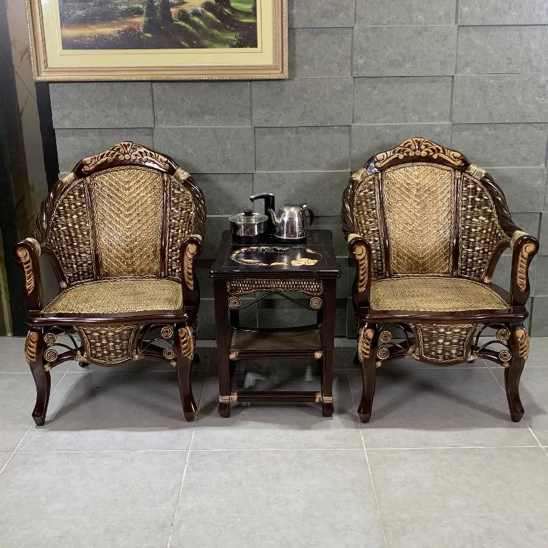 Vintage Natural Rattan Armchair Set, Solid Wood Frame Breathable Leisure Furniture with Side Table for Balcony Lounge