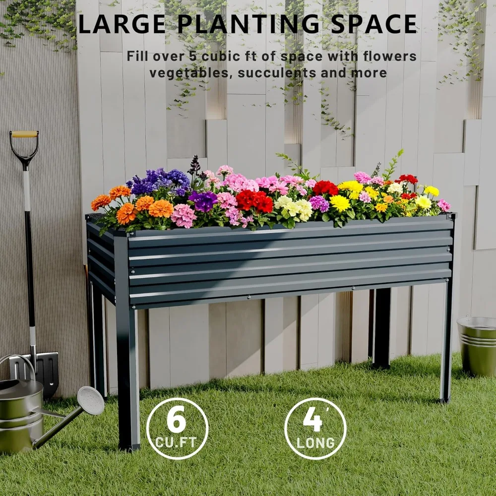 Galvanized Raised Garden Bed with Legs, 48x18x32in Metal Elevated Planter Box for Backyard Patio Balcony, 300lb Capacity Grey