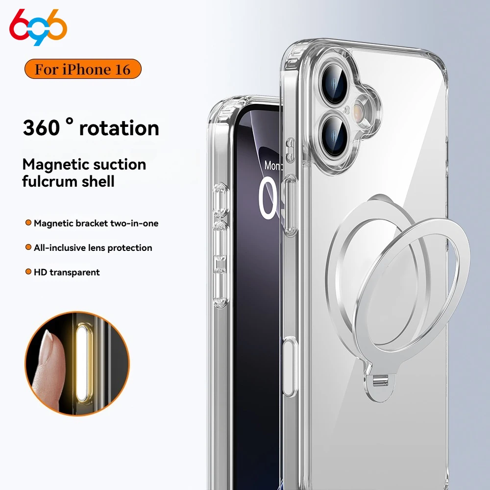 A prueba de golpes 360 °   Funda de teléfono magnética transparente con soporte giratorio, botón táctil para iphone 16 Plus Pro Max 15, protección de lente Promax