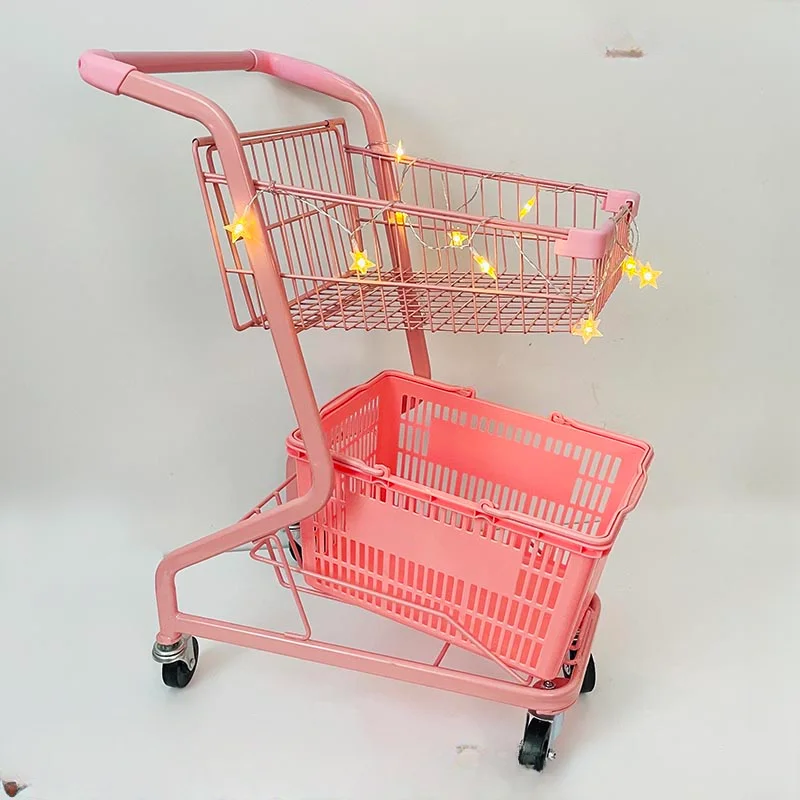 

Internet celebrity street stall trolley supermarket shopping cart convenience store KTV pink Japanese double cart photo props