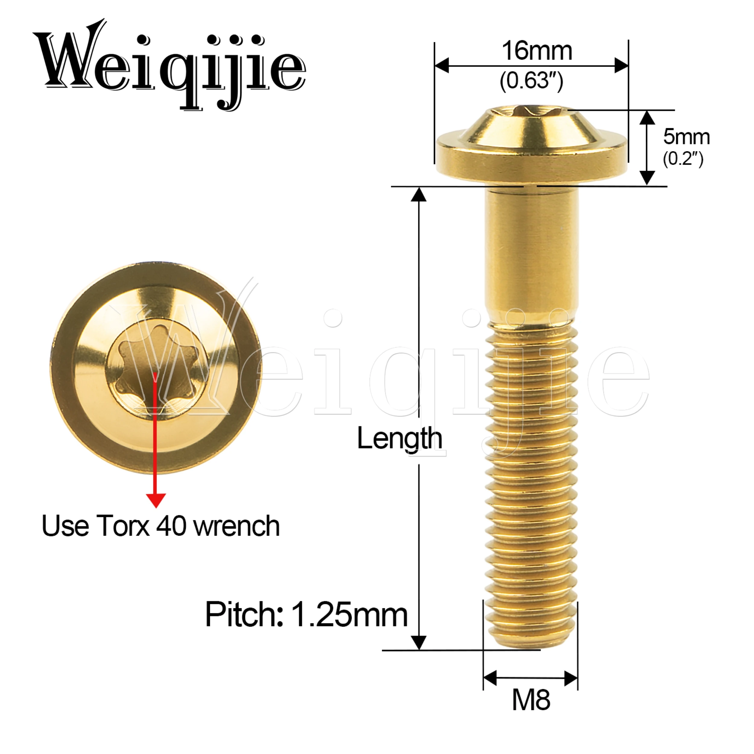 Weiqijie GR5 Titanium Alloy Bolt M8x10 15 20 25 30 35 40 50 60 70mm T40 Torx Head Screw for Bicycle & Motorcycle Assembly Fasten
