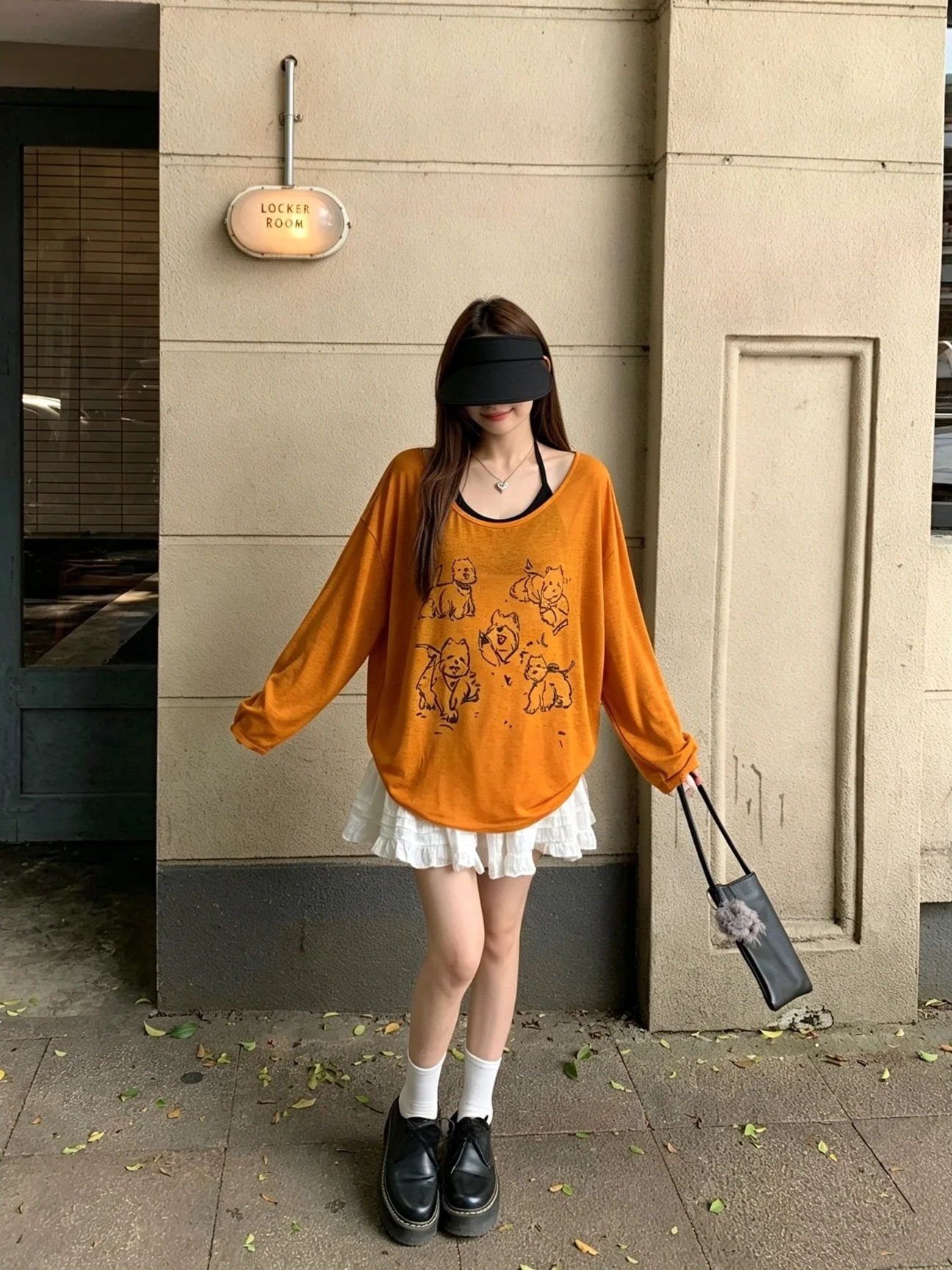 Daily Coral Orange Cartoon Dog Print Long Sleeve T-Shirt Women's Loose Lazy Style Sun Protection Cover up Versatile Top