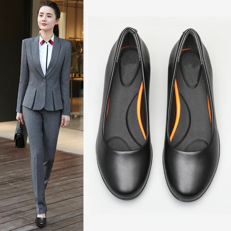 GKTINOO Black Leather Women\'s Work Shoes Pumps Thick Heels Round Head Shoes Soft Sole Professional Non-slip Hotel Work Shoes