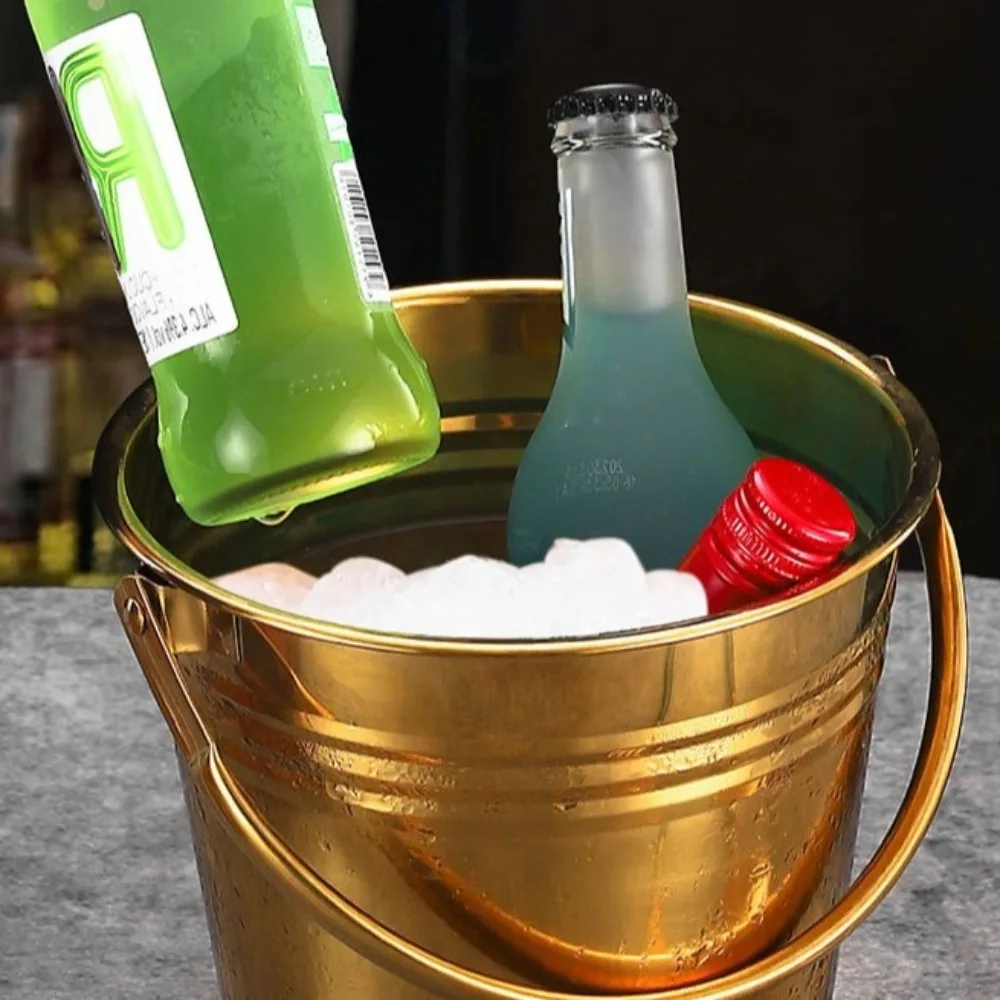 Practical Multifunctional Stainless Steel Ice Bucket Thickened Round Champagne Bucket Portable with Handles Beer Bucket Party