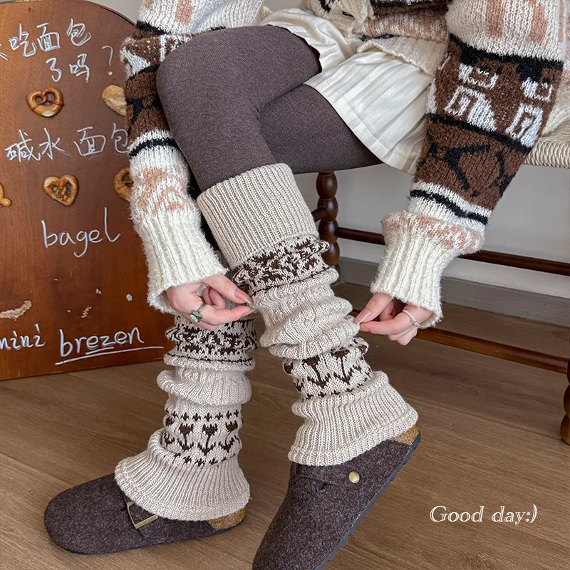 Fair Isle Cuffed Knit Leg Warmers Cable Slouch Socks for Women Winter Thermal Boot Socks Retro Diamond Pattern Stretch Cosy Sock