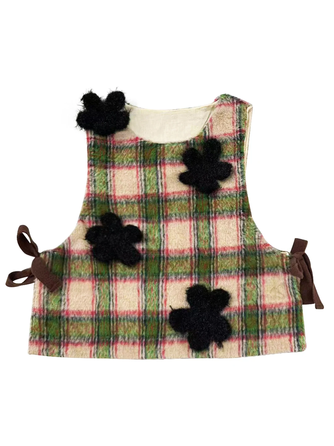 Клетчатый жилет с плюшевыми цветочными украшениями в стиле ретро и игривый, который должен быть для укладки осенью 223879