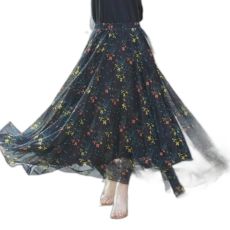 تنورة نصفية كاجوال مطبوعة بالزهور للنساء صيفية بنمط جديد لقضاء عطلة الشاطئ تنورة طويلة متأرجحة كبيرة بطول منتصف الساق لموسم ا...