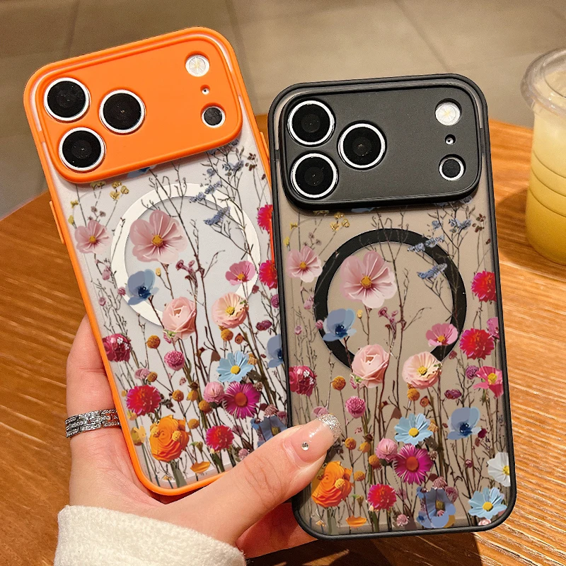 Magnetic Colorful Flower Phone Case For iPhone 17 15 16 Pro Max 14 13 12 Pro 17e 11 For Magsafe Wireless Charge Soft Edge Cover