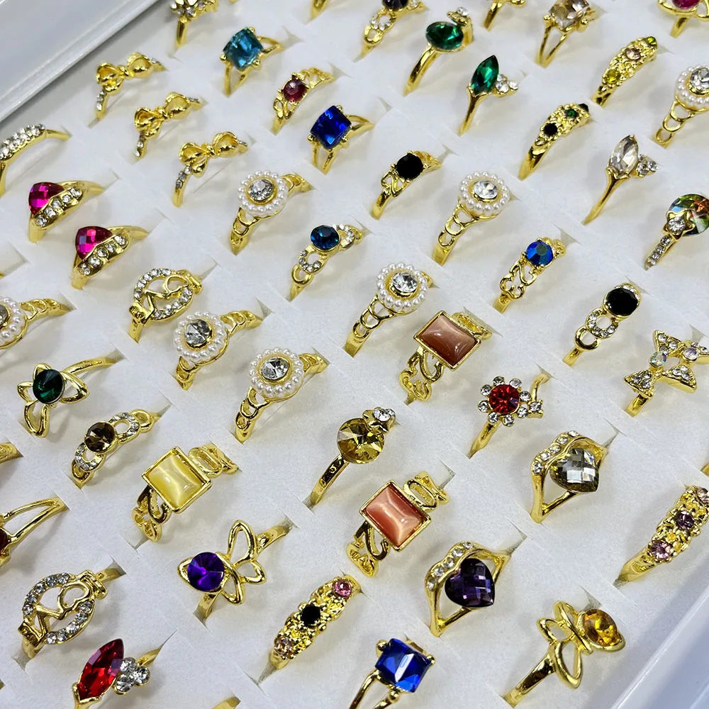 20Pcs Fashionable Colored Rhinestone Alloy Gold-Plated Ring For Women's Jewelry Wholesa Rings Lots L4225