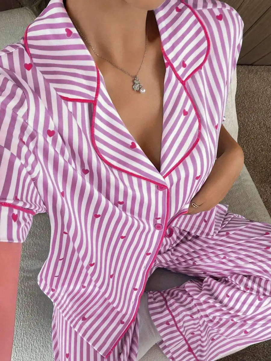 

Striped Heart Print Pajama Set Women Short Sleeve V-Neck Sleepwear Loose Comfortable