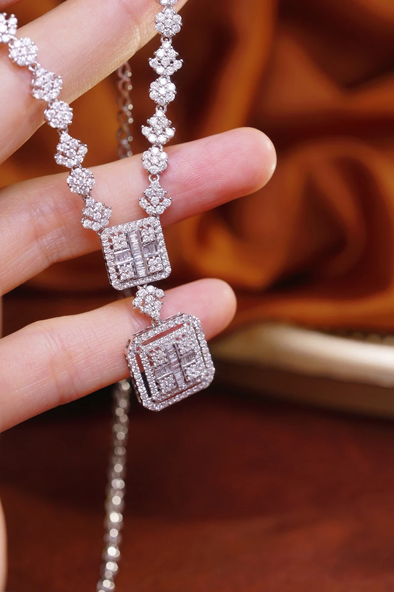 KUGG 100% 18K White Gold Necklace Luxury Square Shape 3.50carat Real Natural Diamond Necklace for Women High Party Jewelry
