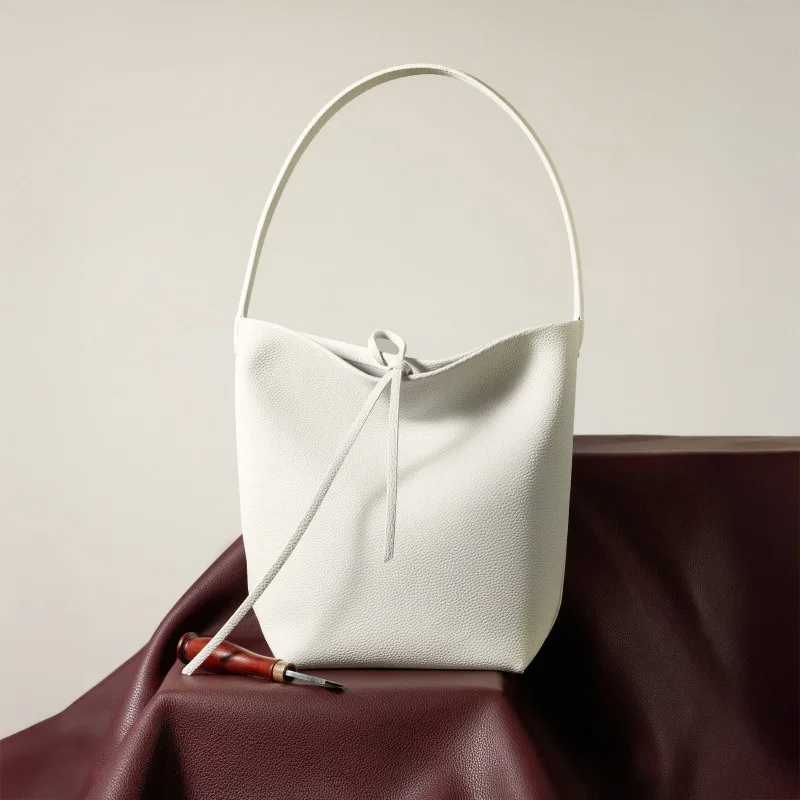 Minimalist Sophisticated Everyday Work Mini Bucket Bag for Women Genuine Leather Top Handle Large Capacity Handbag