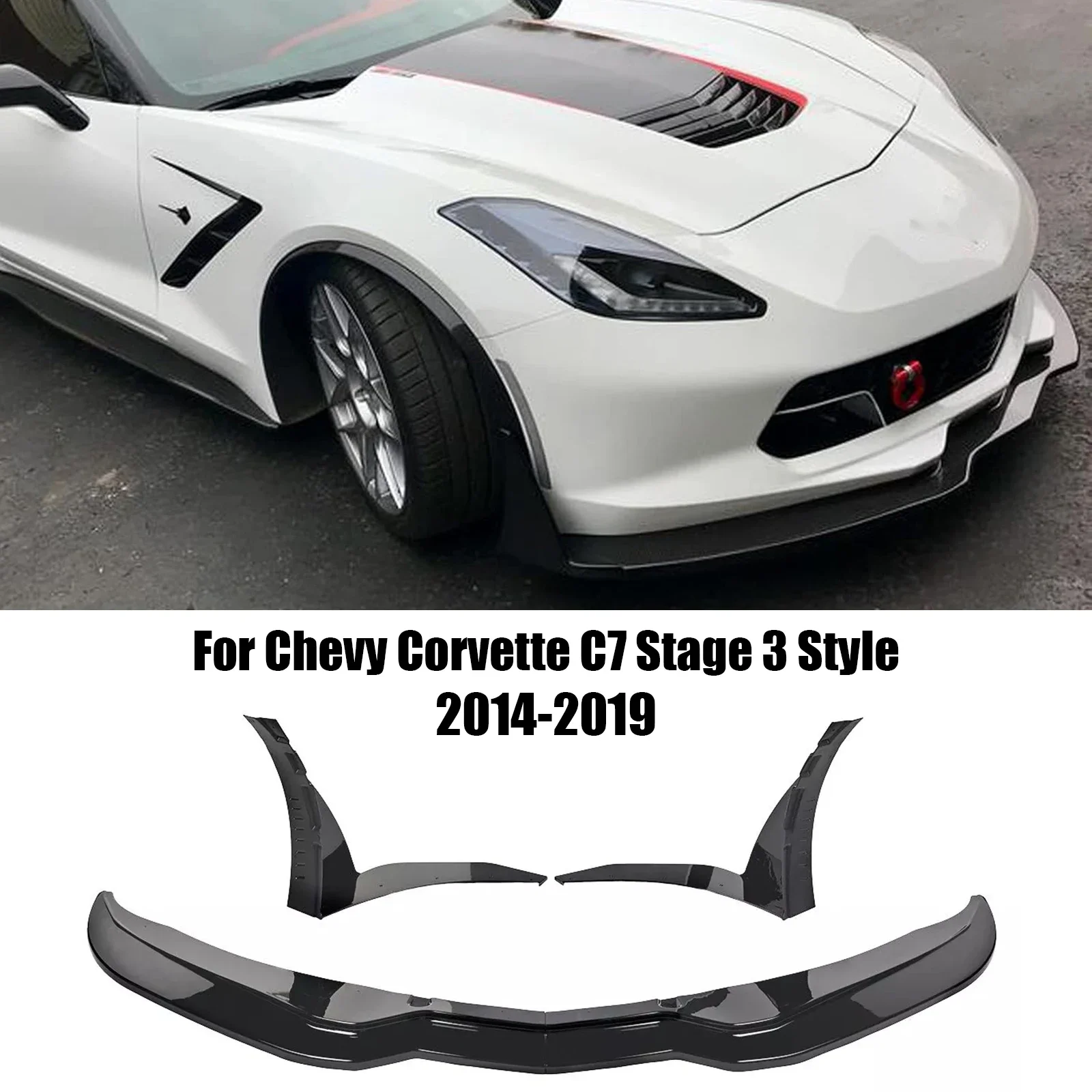 Car Front Bumper Lip&Side Winglets For 2014-2019 Chevy Corvette C7 Z06 Stingray Z51 Stage 3 Style Spoiler Splitter Carbon Look