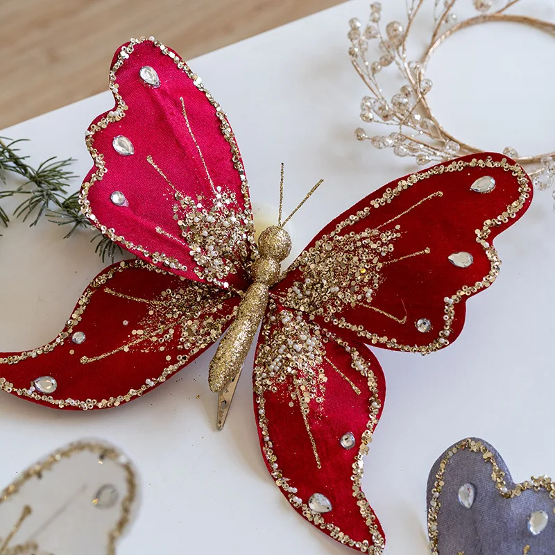 Diy Wreath Decor Detailed Shinny Clip-On Xmas Decoration Lightweight Glitter Butterfly Clip for Gift Giving