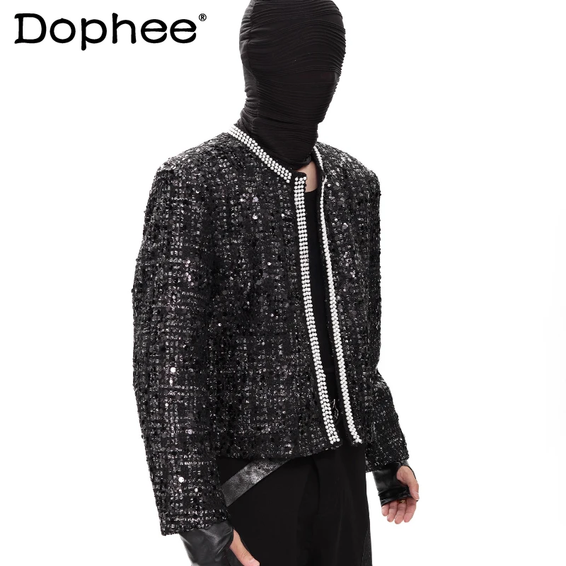 

Men's 2025 Autumn New Pearl Shiny Jackets Fashion Small Fragrant Long Sleeve Handsome Jacket Men's High-end Shoulder Padded Coat