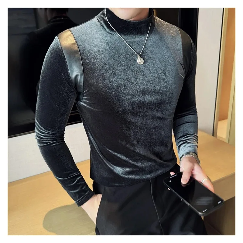 Men Fashion Leather Spliced Design Long Sleeve T Shirt Korean Luxury Velvet Thickened Turtleneck Slim Fit Elastic 4XL M46