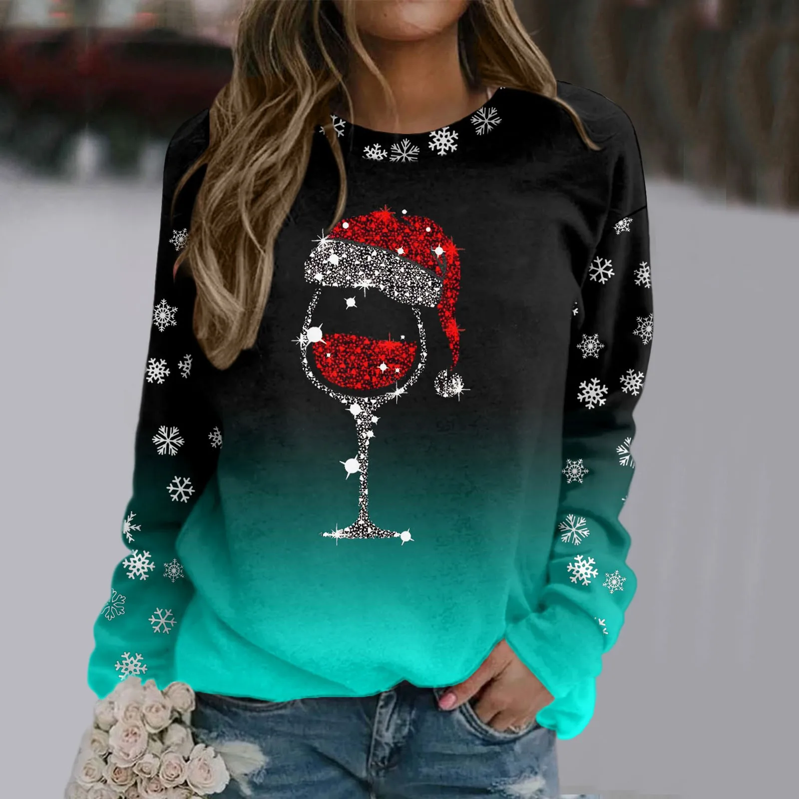 Womens Christmas Sweatshirt Plus Size Red Wine Glass Graphic Vintage Running Cozy Hoodies 2025 New Year Streetwear Clothes