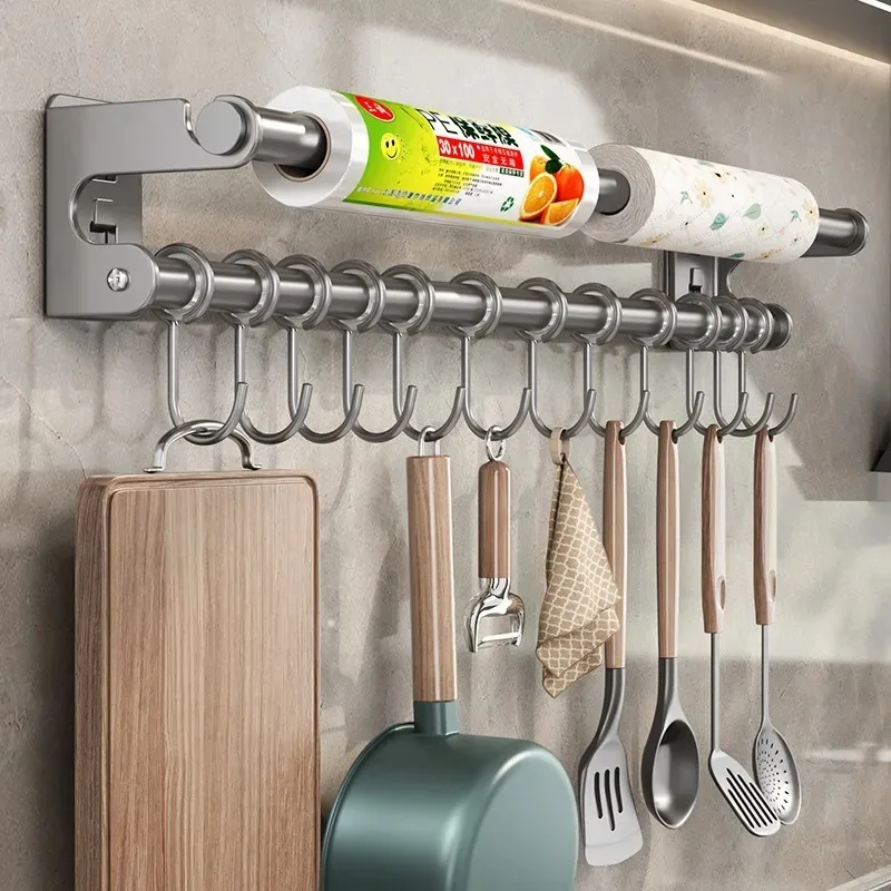 Non-Punching Kitchen Hook Plastic Wrap Hanger Multi-Functional Utensil Cutting Board Storage Rack Household Organizer