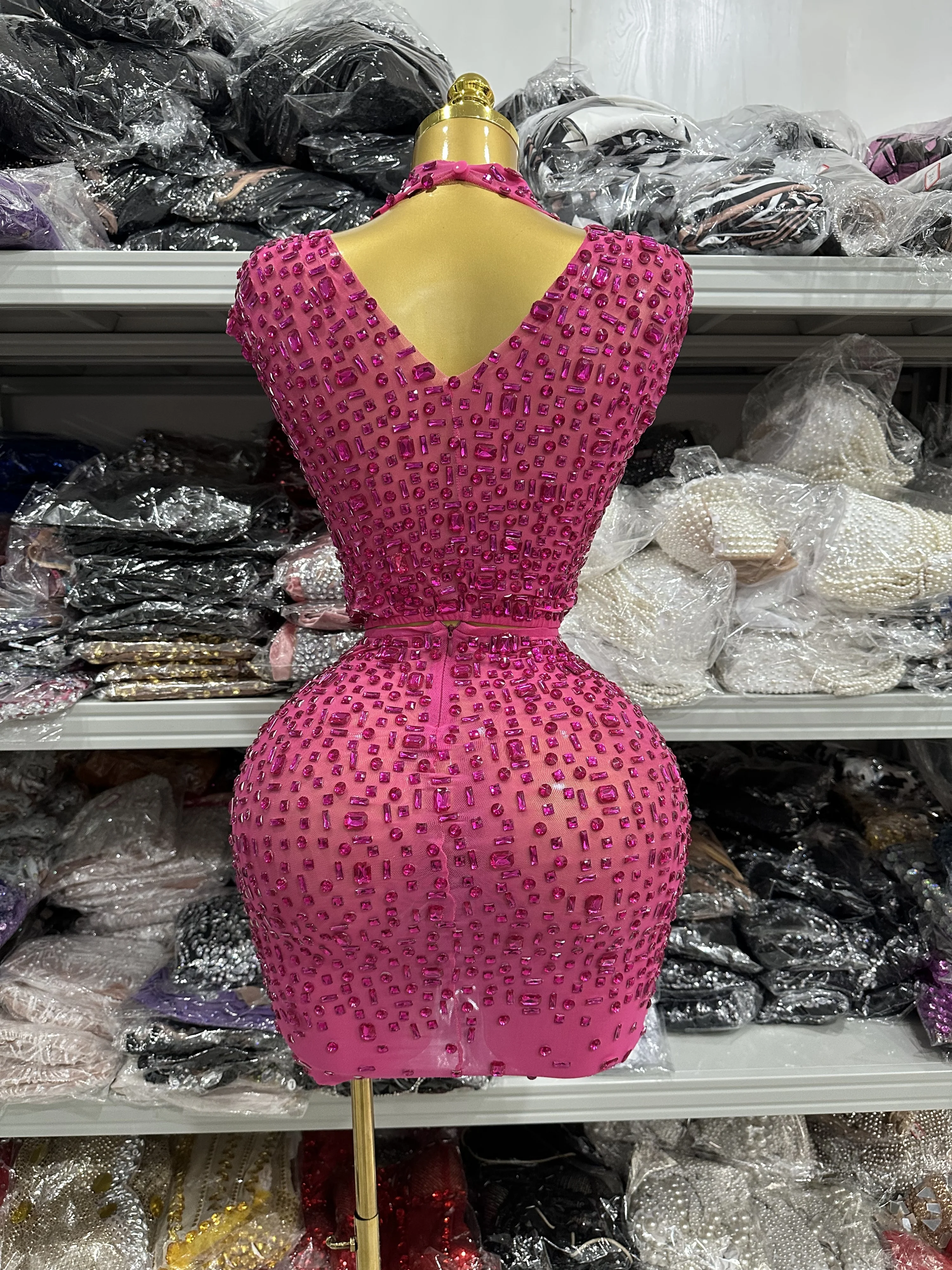 Women Sexy Two Pieces Set Women Skin Crystal Diamond Night Club Skirt Suits Singer Dancer See Through Stage Performance Costumes