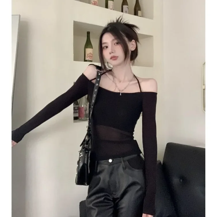 

Women's Elegant T-Shirt 2025 Spring Summer Latest Mesh Splicing Long Sleeve Blouses One Shoulder Sexy Hanging Neck Short Top