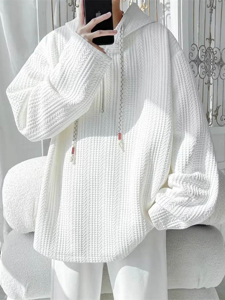 

Мужская свободная толстовка с капюшоном, белая, плиссированная, на молнии, весна-осень, модный бренд, повседневная, свободная, плотная верхняя одежда, защита от сминания и деформации