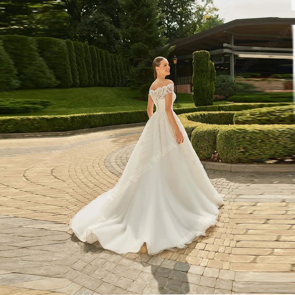 Eleganter Stil Tüll Frauen Brautkleider glänzende Abziehbilder a-Linie für formelle Bankett Boden wischen Prinzessin Vestido de Novias 2024