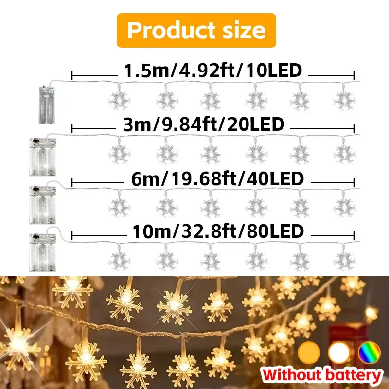LED String Snowflake Decorative Lights, Battery-Powered Christmas Tree Lights, Wedding Party New Year Decorations