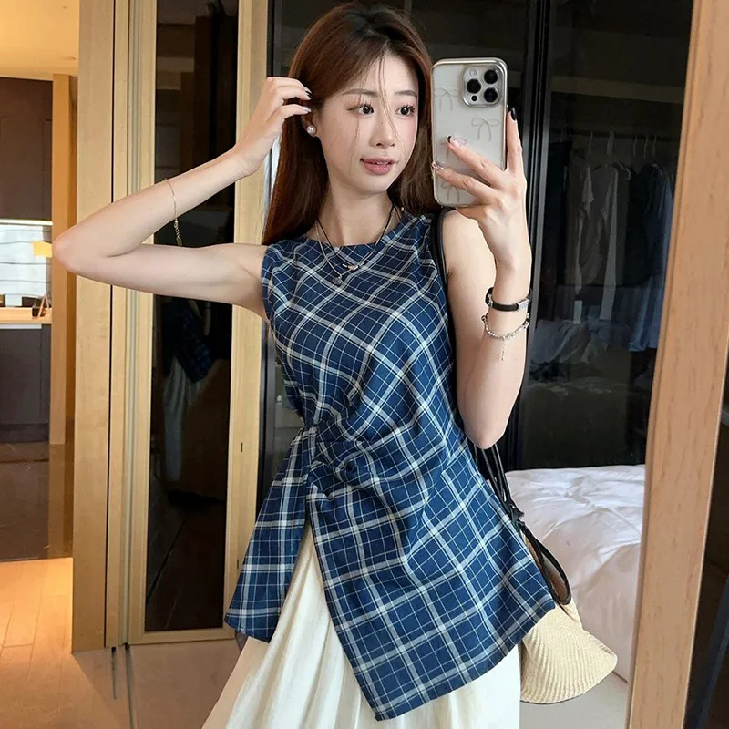 Summer New French Style Original Design Fashion Plaid Sleeveless Shirt Vintage Casual Versatile Temperament Slim Popular Clothes