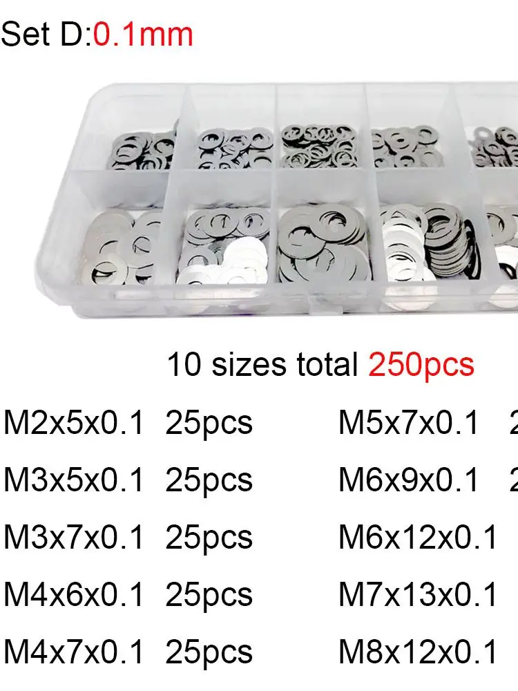 250 x 0,1/0,2/0,3 mm M2 M3 M4 M5 M6 M7 M8 304 Edelstahl, ultradünnes Unterlegscheiben-Set, Einstellscheibe, einfache Dichtung, Sortimentskit, Box – Detail 6
