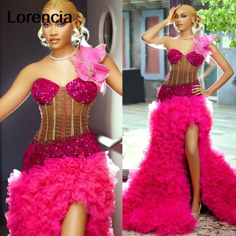 

Customized Sexy Pink Mermaid Prom Dress Ruffles High Slit Beaded Crystal Birthday Dress Evening Dresses Robe De Sorrie YPD249