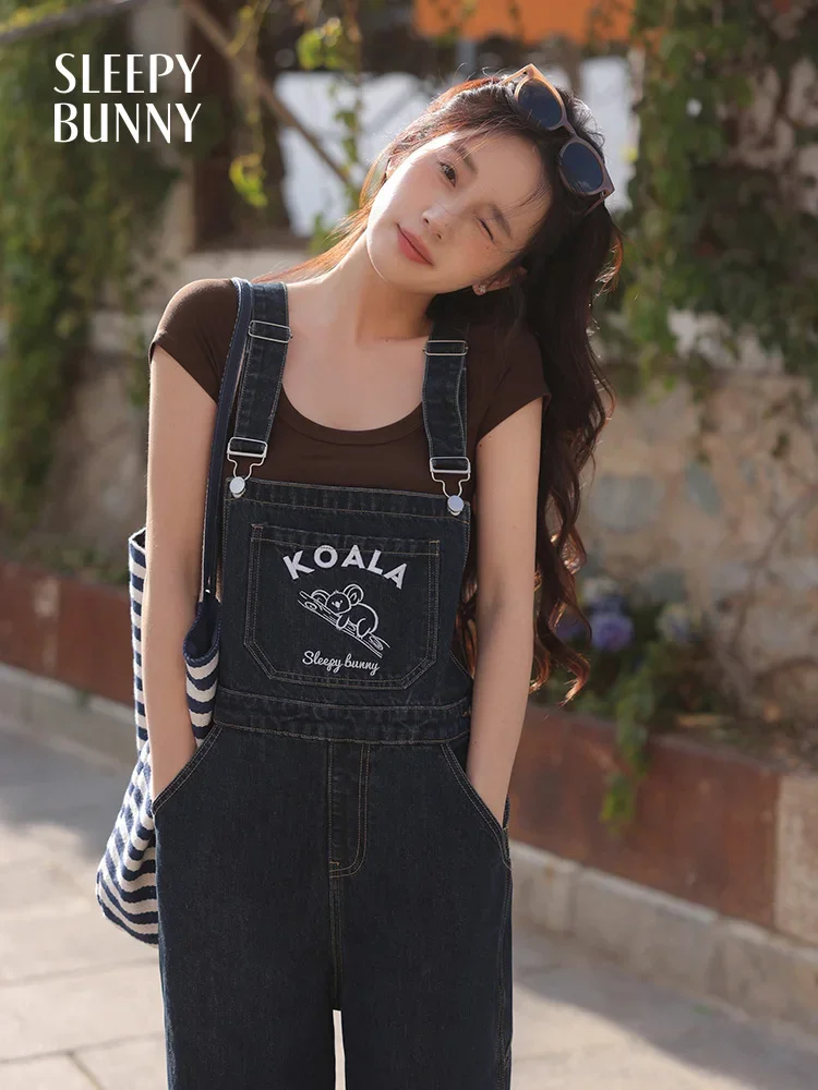 Cute Koala Embroidered Denim Overalls for Women Slim Fit Straight Pants Vintage Style Casual Sweet Girl Jumpsuit Outfit