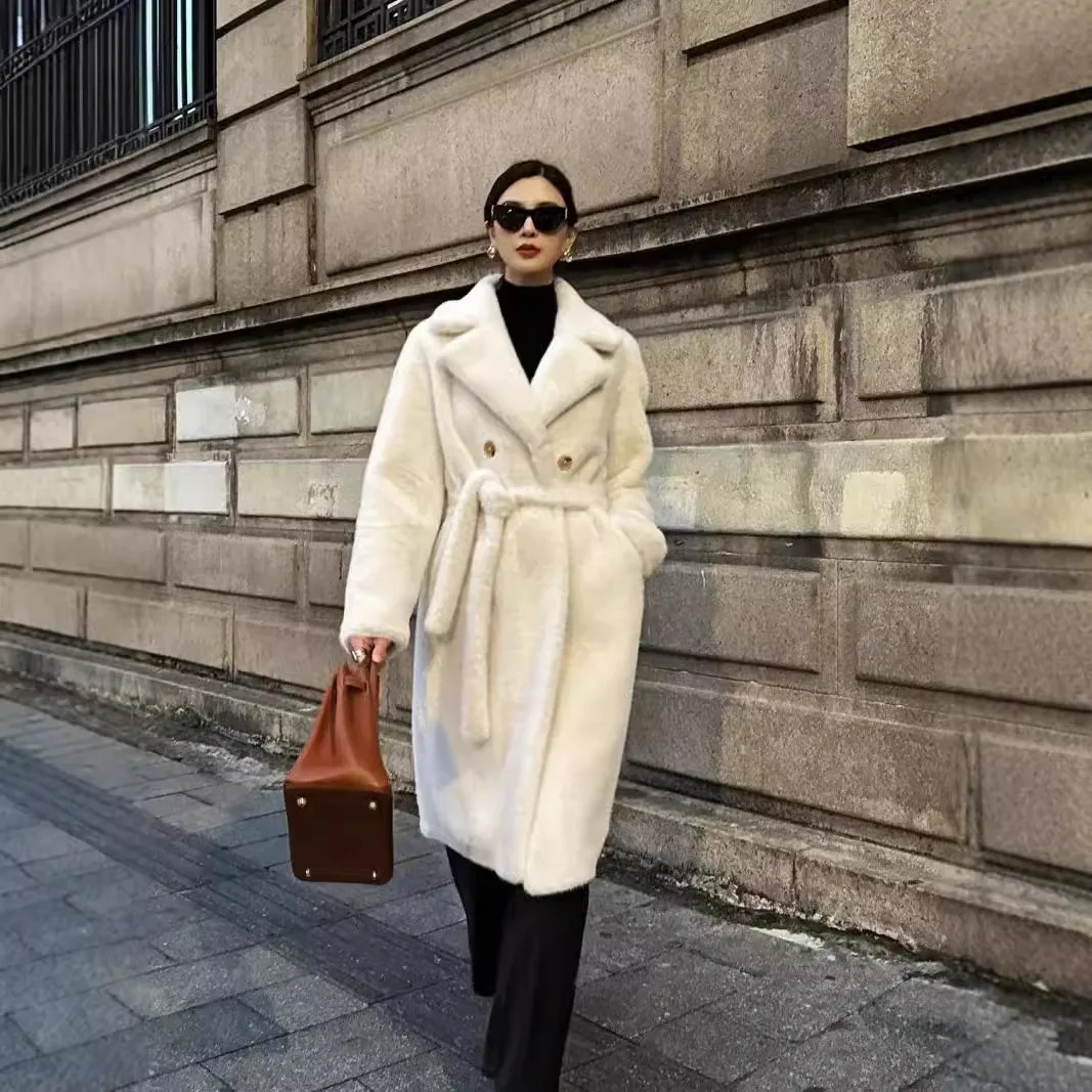 

2024 New Autumn Winter Faux Fur Coat With Belt Thickened Warm Soft Thick Long Mink Fur Coat Luxury Brand White Plush Overcoat