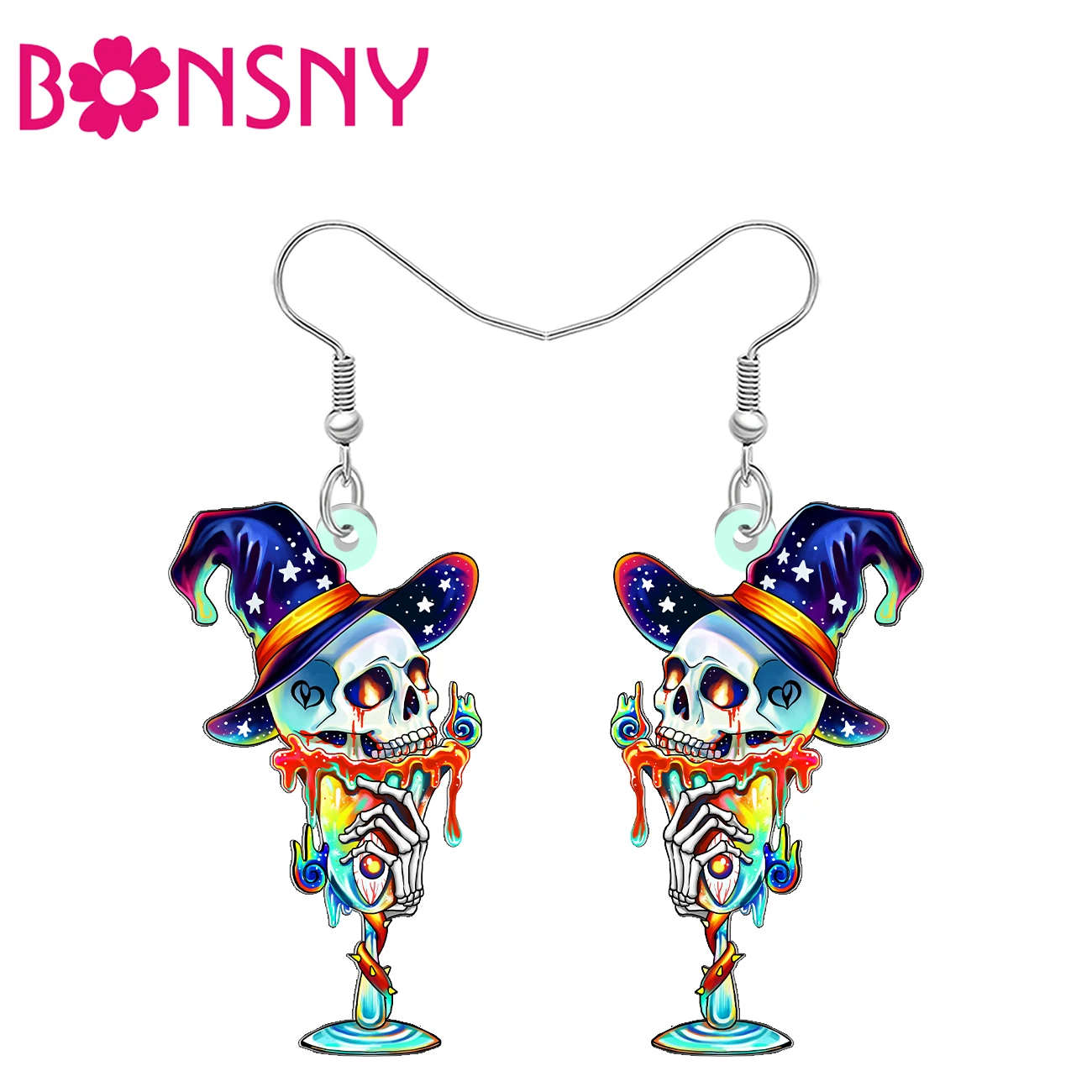 BONSNY Acrylic Spooky Witch Hat Skull Earrings Rainbow Eyeball Cup Drop Whimsigoth Jewelry Halloween Gifts For Women Outfit Char