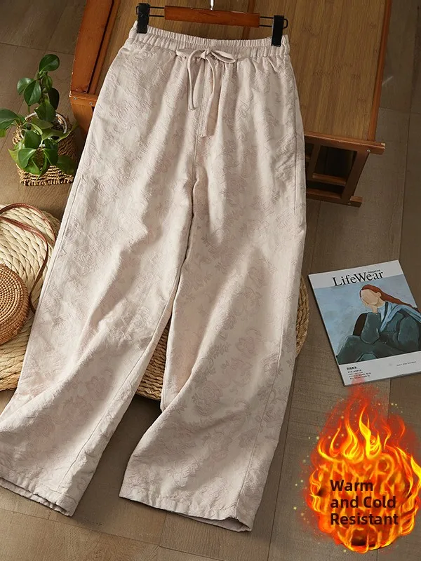 High-End Chinese Style Embroidered Cotton Wide Leg Pants Vintage Loose Slimming Casual Thickened Cotton Inserted Trousers